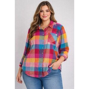 Torrid Women's Sz 2X Plus Rainbow Plaid Button Up Shirt Colorful Art Pocket Top